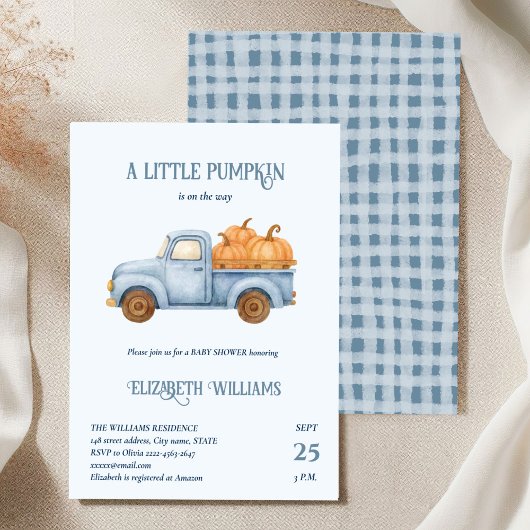 Blue Little Pumpkin Truck Baby shower minimalistis Kaart