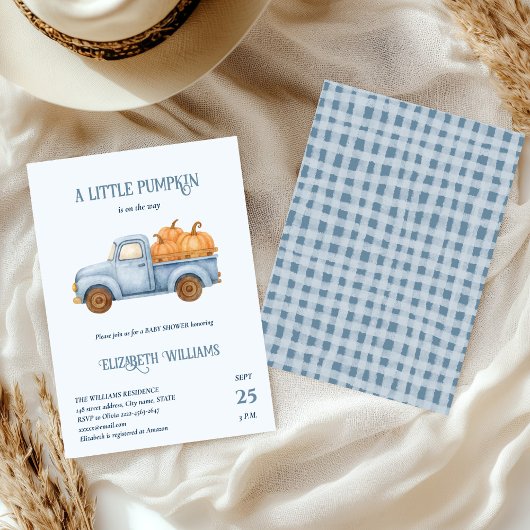 Blue Little Pumpkin Truck Baby shower minimalistis Kaart
