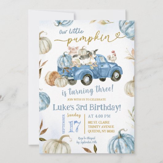 Blue Little Pumpkin Truck Boerderij Verjaardagsjon Kaart (Voorkant)