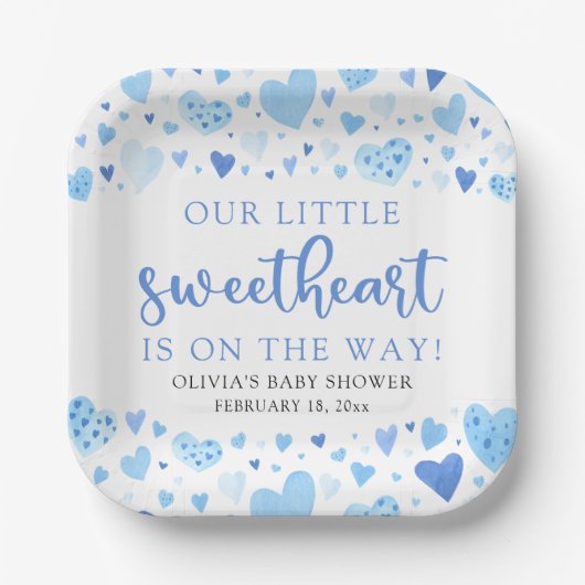 Blue Little Sweetheart Valentijnsdag Baby shower Papieren Bordje (Voorkant)
