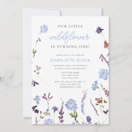 Blue Little Wildflower Waterverf 1e Verjaardag Kaart (Voorkant)