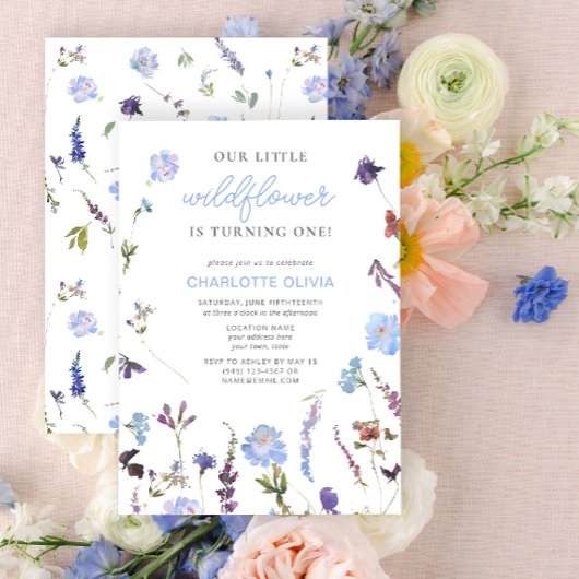 Blue Little Wildflower Waterverf 1e Verjaardag Kaart