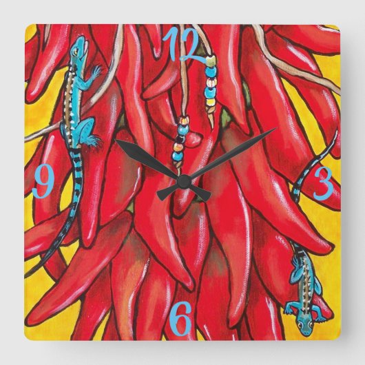 Blue Lizard Red Chili Pepper Clock Southwest Vierkante Klok (Voorkant)