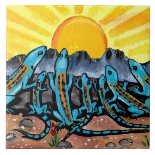 Blue Lizards & Sunrise Southwestern Trivet 6" Tegeltje (Voorkant)