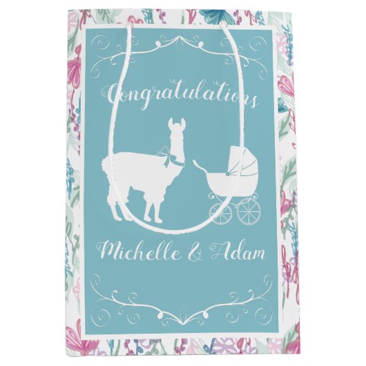 Blue Llama Boy Baby shower Medium Cadeauzakje (Voorkant)