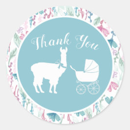 Blue Llama Boy Baby shower Ronde Sticker