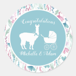 Blue Llama Boy Baby shower Ronde Sticker