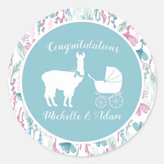Blue Llama Boy Baby shower Ronde Sticker (Voorkant)