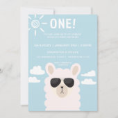Blue llama Fun Boy First Birthday Party Invitation Kaart (Voorkant)