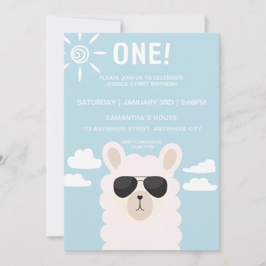 Blue llama Fun Boy First Birthday Party Invitation Kaart (Voorkant)