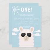 Blue llama Fun Boy First Birthday Party Invitation Kaart (Voorkant / Achterkant)
