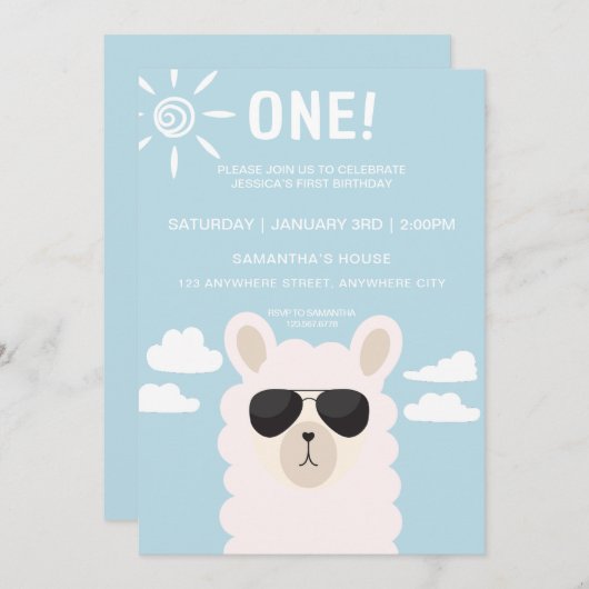 Blue llama Fun Boy First Birthday Party Invitation Kaart (Voorkant / Achterkant)