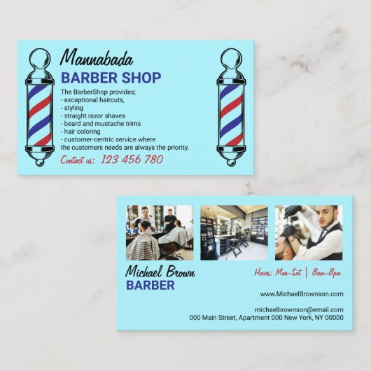 Blue Logo Barber Pole Visitekaartje (Voorkant / Achterkant)