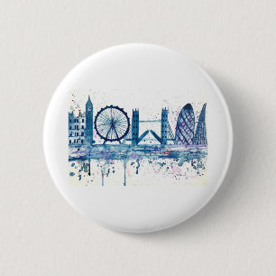 Blue London skyline England waterverf modern Ronde Button 5,7 Cm