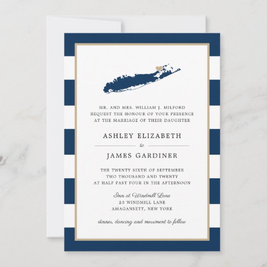Blue Long Island Map North Fork Gold Heart Wedding Kaart (Voorkant)