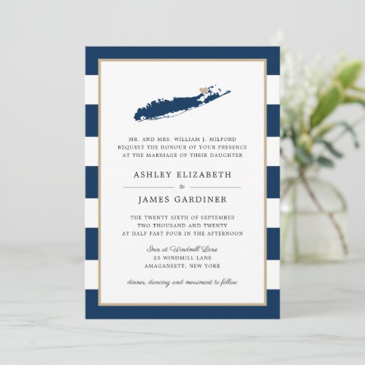 Blue Long Island Map North Fork Gold Heart Wedding Kaart (Staand voorkant)