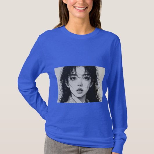 Blue Long Sleeve T-Shirt with Black and White Arti (Voorkant)