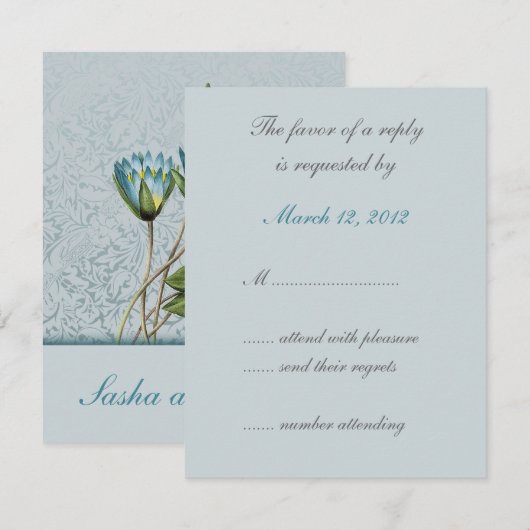 Blue Lotus Floral Wedding Invitation RSVP Kaartje (Voorkant / Achterkant)