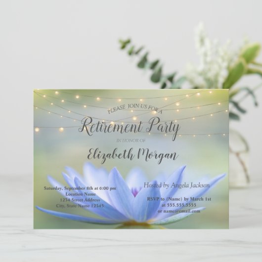 Blue Lotus String Lights Retirement Party Kaart (Staand voorkant)