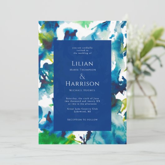 Blue Love Abstract Waterverf Wedding Invitation Kaart (Staand voorkant)