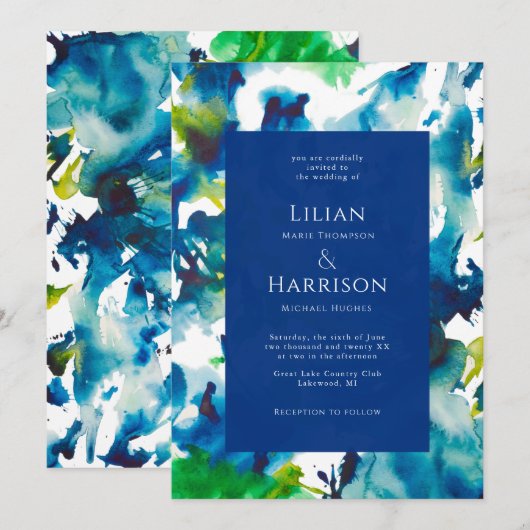 Blue Love Abstract Waterverf Wedding Invitation Kaart (Voorkant / Achterkant)