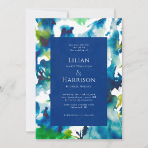 Blue Love Abstract Waterverf Wedding Invitation Kaart