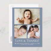 Blue Love and Thanks Baby Photo Birth announcement Briefkaart (Voorkant / Achterkant)
