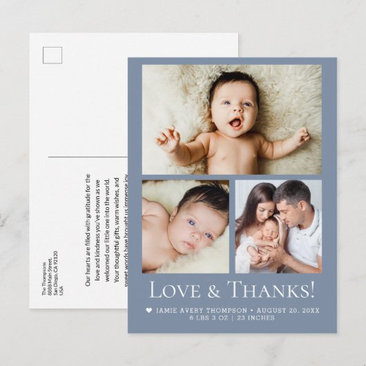 Blue Love and Thanks Baby Photo Birth announcement Briefkaart (Voorkant / Achterkant)