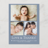 Blue Love and Thanks Baby Photo Birth announcement Briefkaart (Voorkant)
