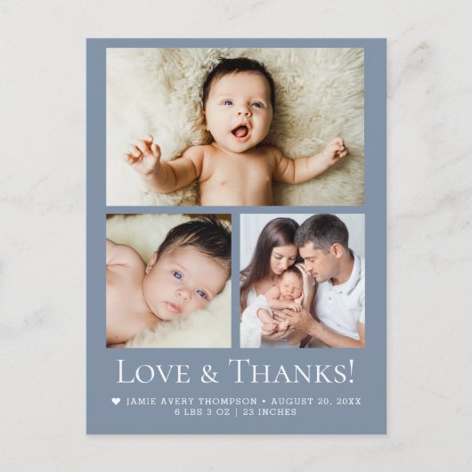 Blue Love and Thanks Baby Photo Birth announcement Briefkaart (Voorkant)