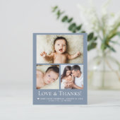 Blue Love and Thanks Baby Photo Birth announcement Briefkaart (Staand voorkant)