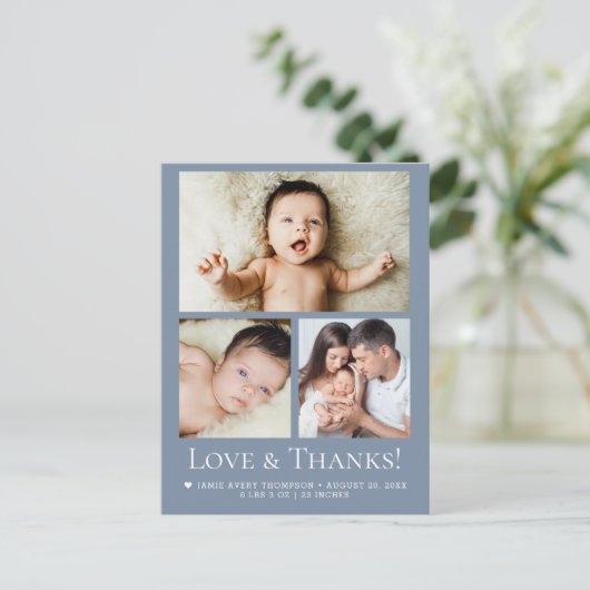 Blue Love and Thanks Baby Photo Birth announcement Briefkaart (Staand voorkant)