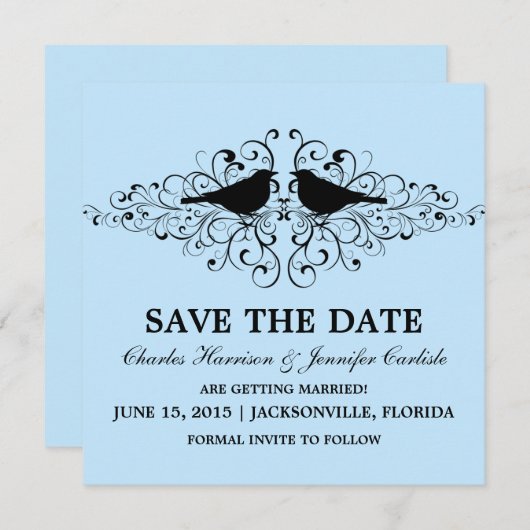Blue Love Bird Swirls Save the Date Invite Kaart (Voorkant / Achterkant)