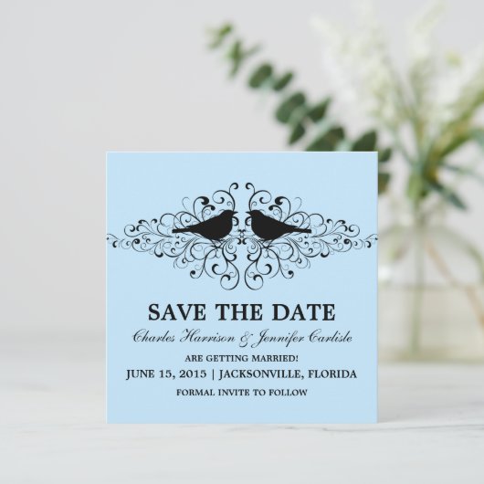 Blue Love Bird Swirls Save the Date Invite Kaart (Staand voorkant)