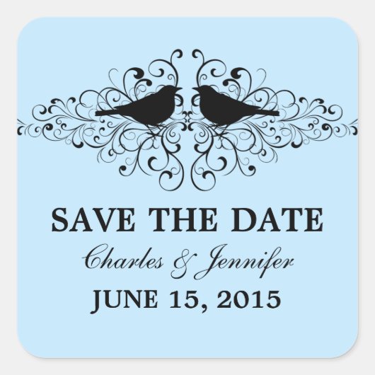 Blue Love Bird Swirls Save the Date Stickers (Voorkant)