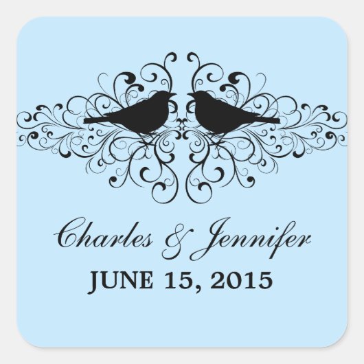 Blue Love Bird Swirls Wedding Stickers (Voorkant)