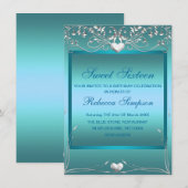 Blue Love Heart Sweet 16 Verjaardag Uitnodigen Kaart (Voorkant / Achterkant)