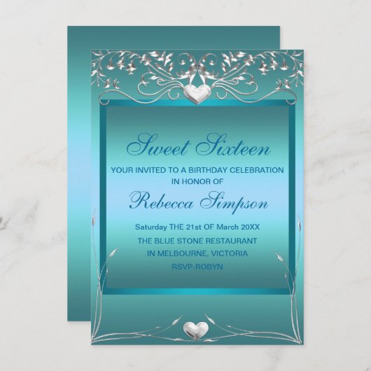 Blue Love Heart Sweet 16 Verjaardag Uitnodigen Kaart (Voorkant / Achterkant)