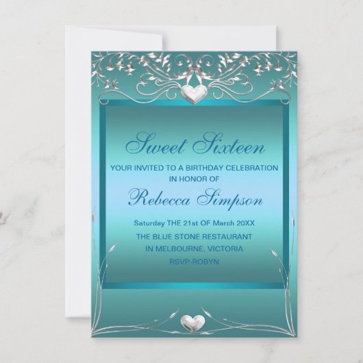 Blue Love Heart Sweet 16 Verjaardag Uitnodigen Kaart (Voorkant)