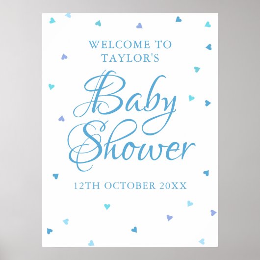 Blue Love Hearts Baby shower Welcome Sign Poster (Voorkant)