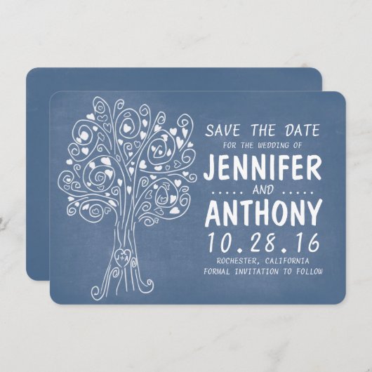 Blue Love Hearts Tree Rustic Save the Date kaarten (Voorkant / Achterkant)