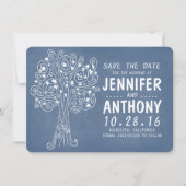 Blue Love Hearts Tree Rustic Save the Date kaarten (Voorkant)