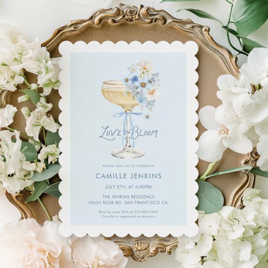 Blue Love in Bloom Champagne Bruilofts Uitnodiging