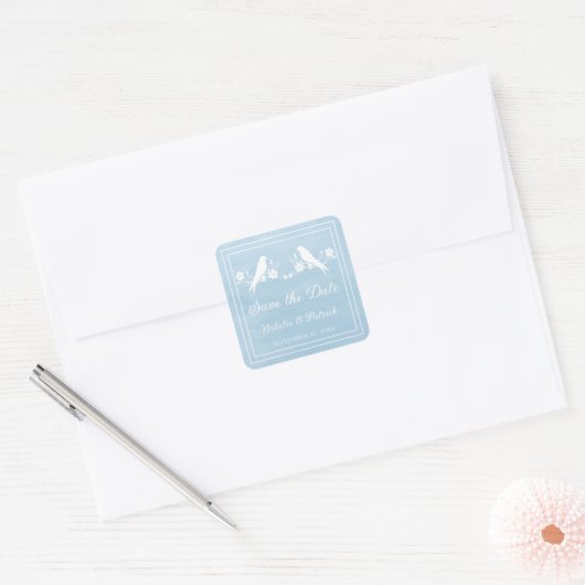 Blue Lovebird Floral Save the Date Stickers (Envelop)