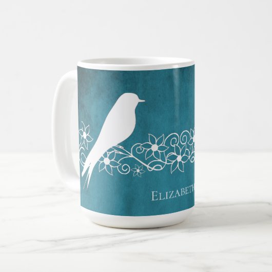Blue Lovebird Floral Vine Personalized Coffee Mok (Voorkant links)