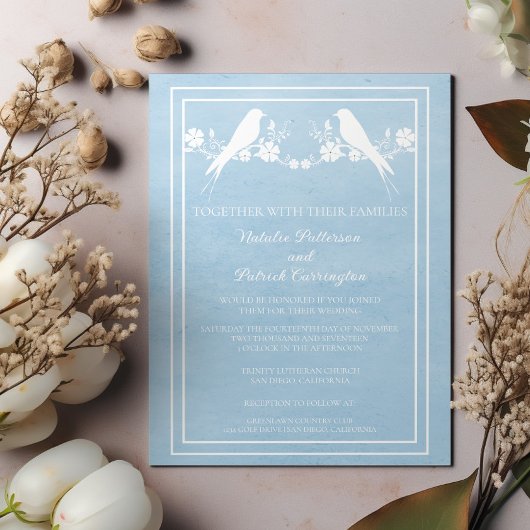 Blue Lovebird Floral Wedding Invitation Kaart
