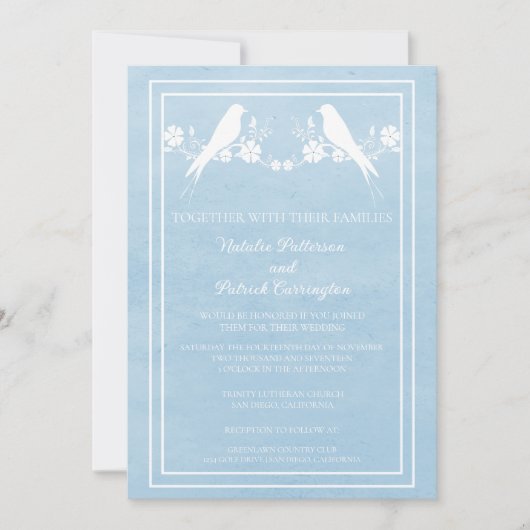 Blue Lovebird Floral Wedding Invitation Kaart (Voorkant)