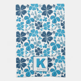 Blue Lucky Shamrock Clover Pattern Monogrammed Theedoek