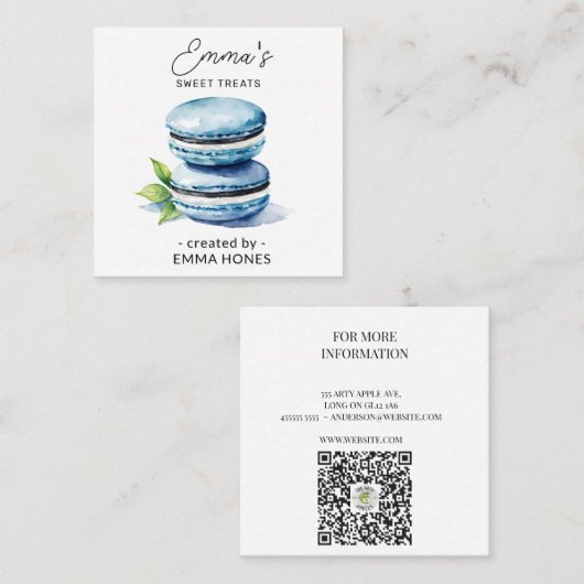 Blue macaron moderne waterverf bakkerij vierkante visitekaartje (Voorkant / Achterkant)