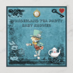 Blue Mad Hatter Wonderland Tea Party Baby shower Kaart